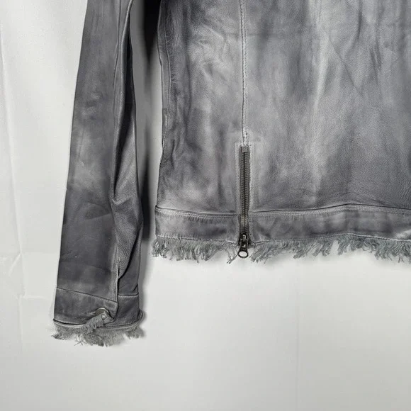 JKT NYC Womens Grey Genuine Leather Fringed Jacket Size XS 'Alexa‎ Patina' Moto